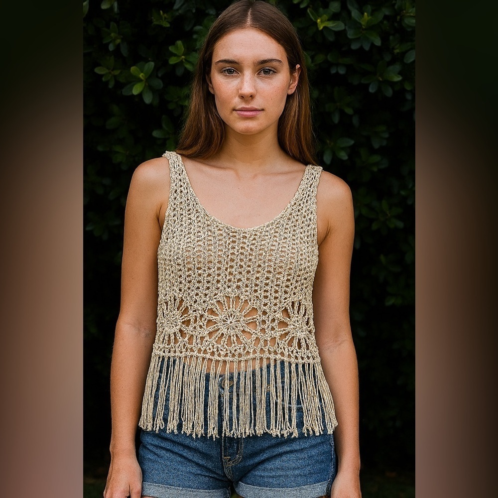 Miss Kelly Crochet Fringe Tank Top - Cream